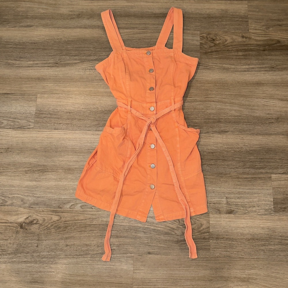 Habitual Orange Denim Button Front Pinafore Mini Dress with Belt Size Large